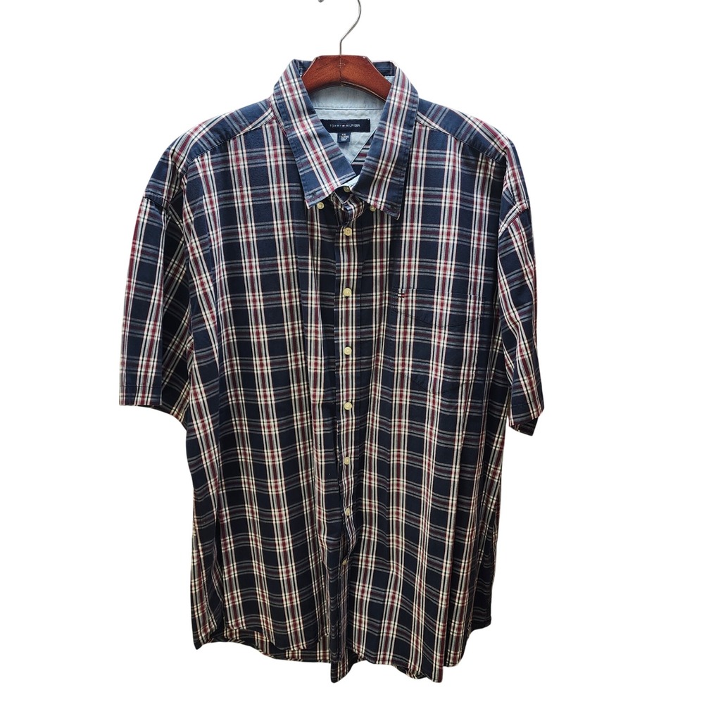 Tommy Hilfiger Mens XXL Short Sleeve Plaid Button Down Shirt Navy Red Cotton